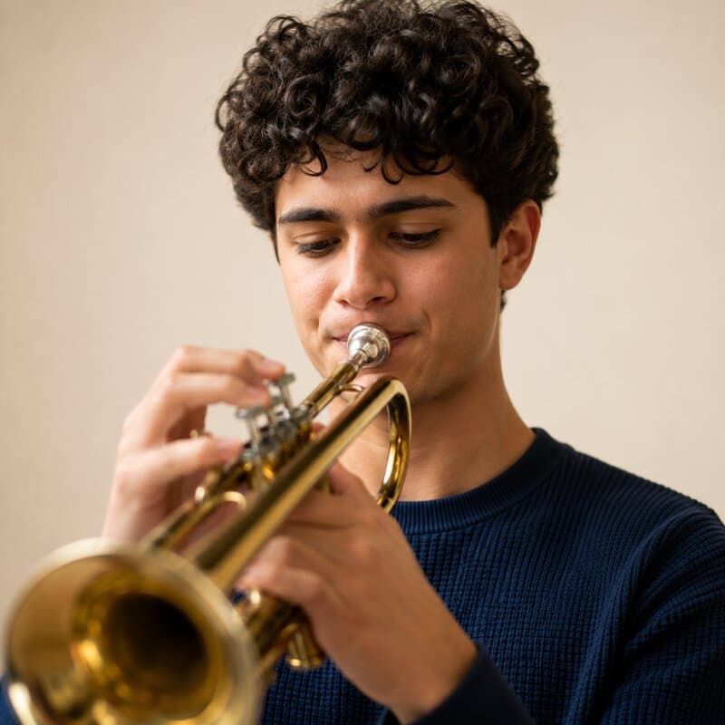 A young trumpet player in a navy sweater, eyes down on the instrument, mid-phrase against a warm neutral background.