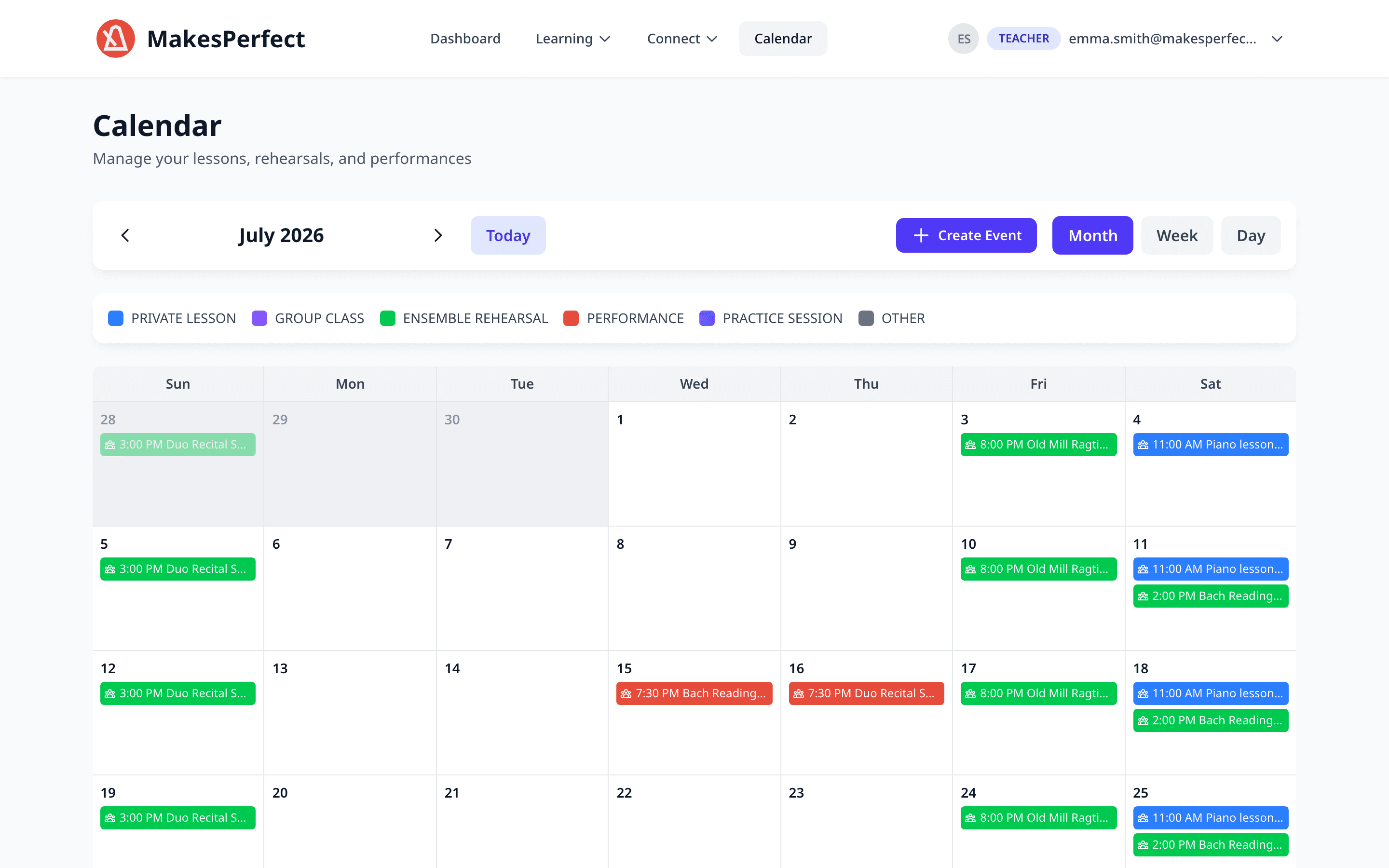 A month view of the calendar with typed events including private lessons, rehearsals, and performances.