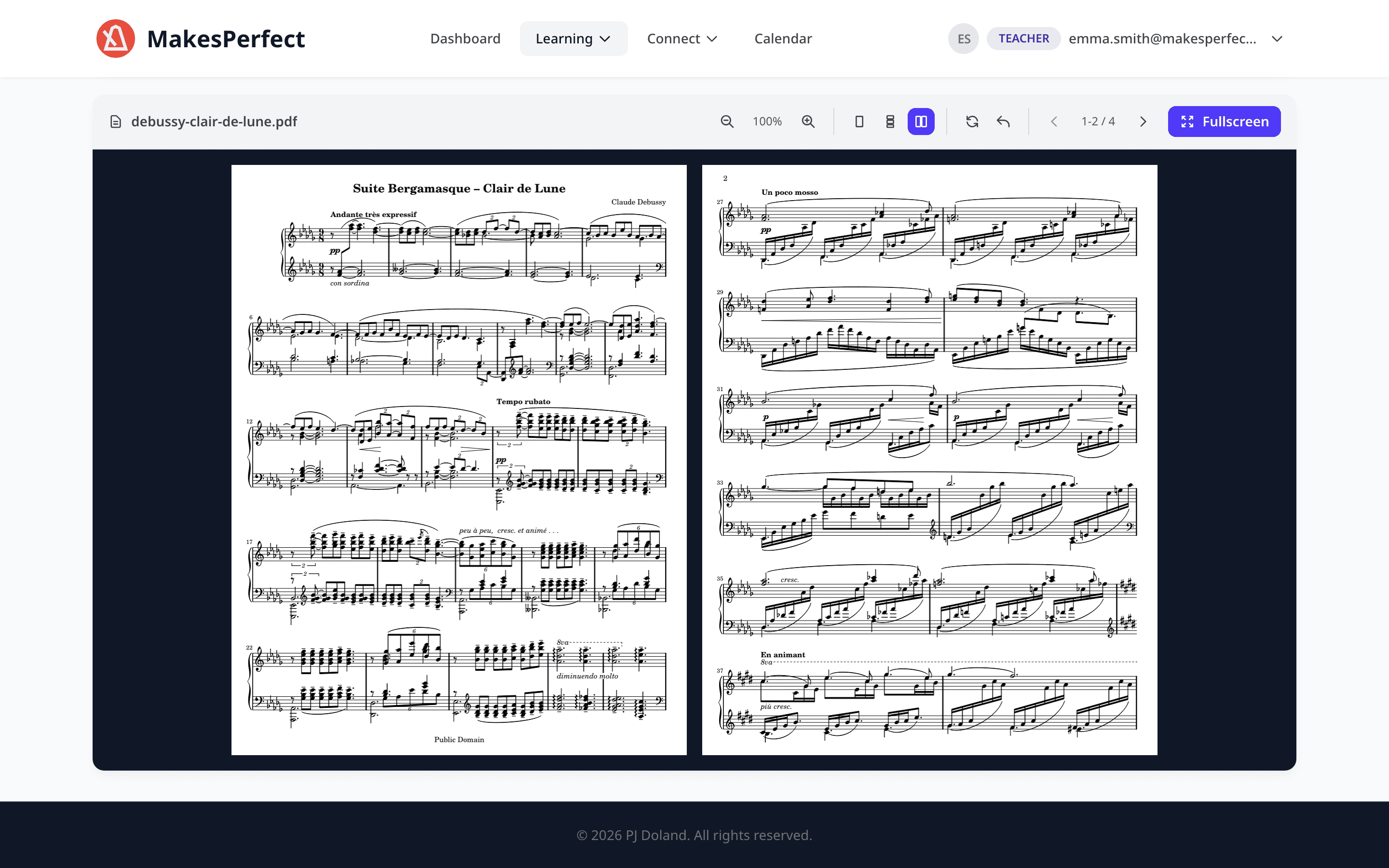 The PDF reader showing pages 1 and 2 of Debussy's Clair de Lune side by side, with zoom, rotate, and full screen controls.