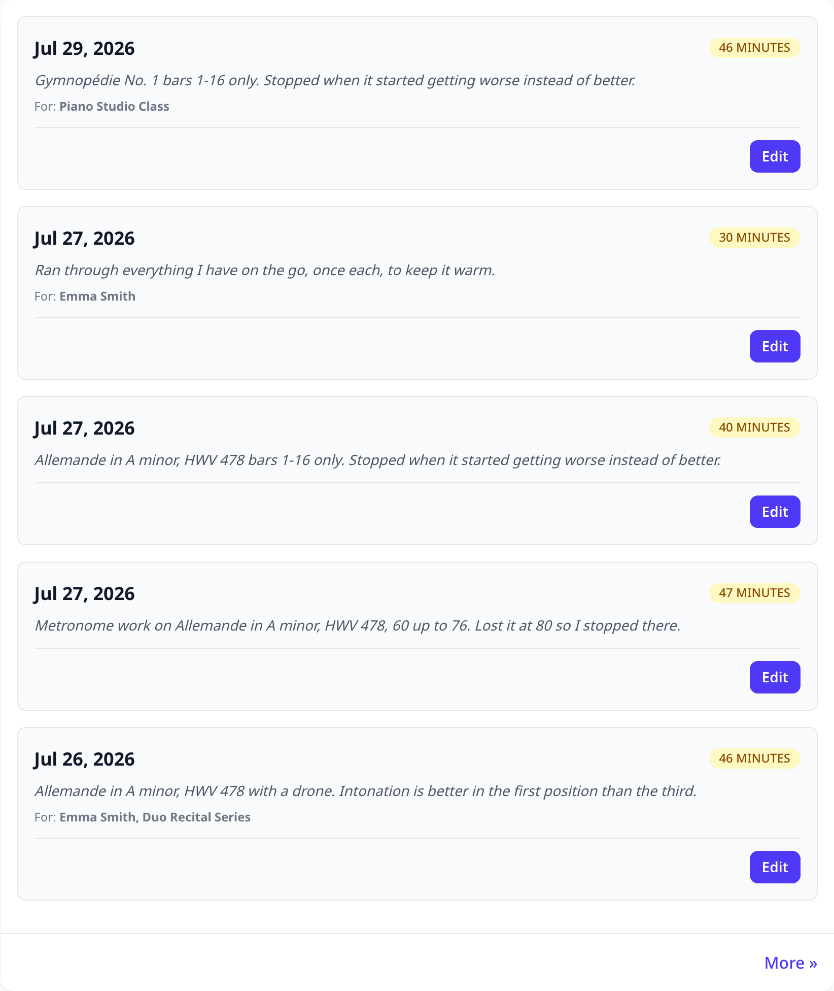 A practice history listing five sessions, each with its date, length in minutes, note, and any tags.